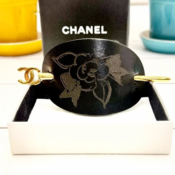 Chanel Gold Logo Leather Camellia Flower Hair Pin Accessory - Picture 2 of 10